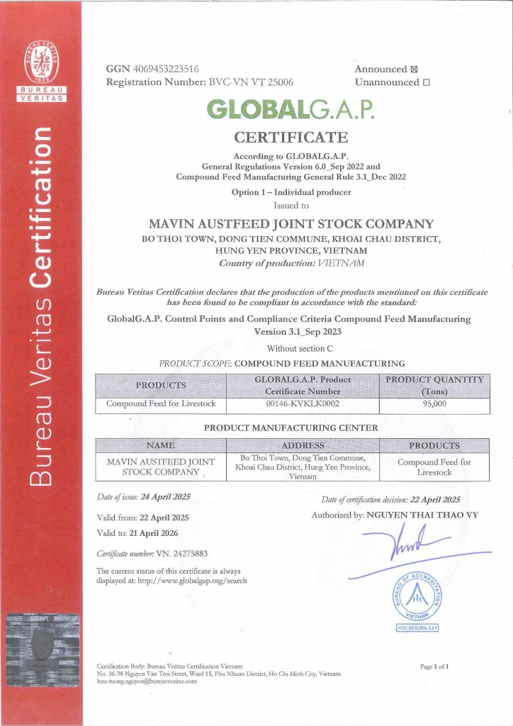 Chứng nhận GlobalG.A.P. của Nhà máy Mavin Austfeed Hưng Yên (MAC) – Mavin Feed